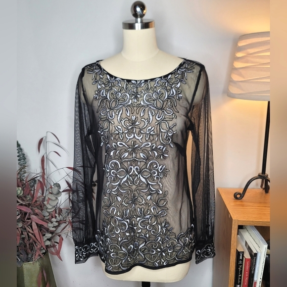 White House Black Market Tops - White House Black Market Embroidered Mesh Top Black Size Small